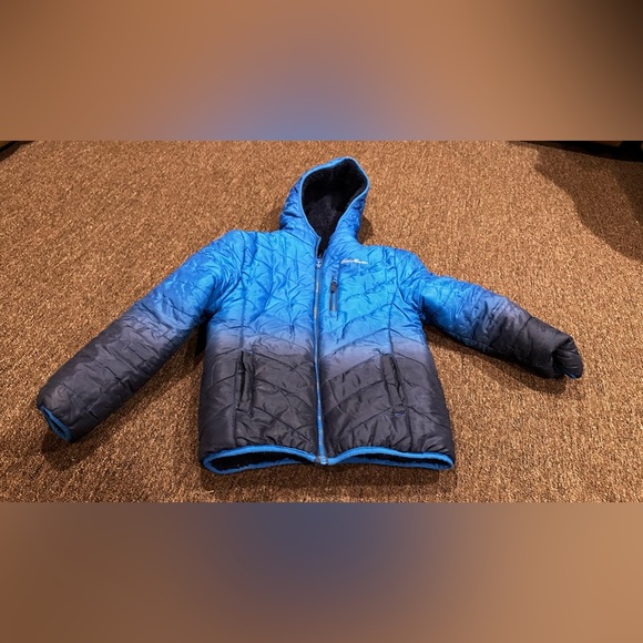 Eddie Bauer Boys Reversible Jacket Lightweight Puffer Blue Ombre/ Navy Large - Picture 1 of 5